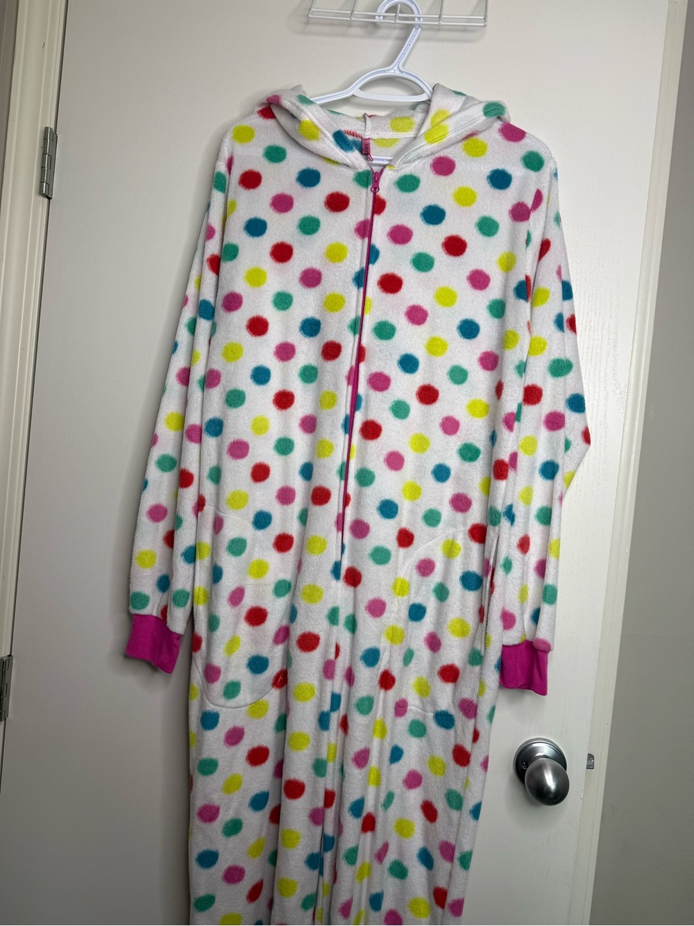 Women's Tarea Polka Dot Hooded Onesie Pajamas - White with Multicolor Dots Large